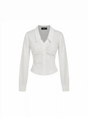 Cotton-blend Collar Cinched Waist Long Sleeve Shirt