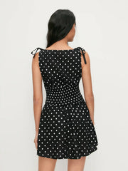 Cotton-blend Polka Dot Bowknot Shirred A-Line Mini Dress