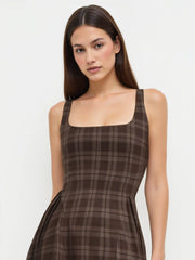 Square Neck Check Pleated Zipper Maxi Dress