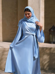 Satin Stand Collar Bell Sleeve Wrap Maxi Flared Dress