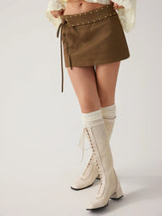 Cotton Belted Metal Detail Tie Side A-line Mini Skirt