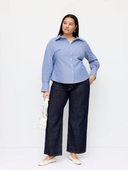 Cotton-blend Striped Collar Twist Knotted Blouse Curve & Plus