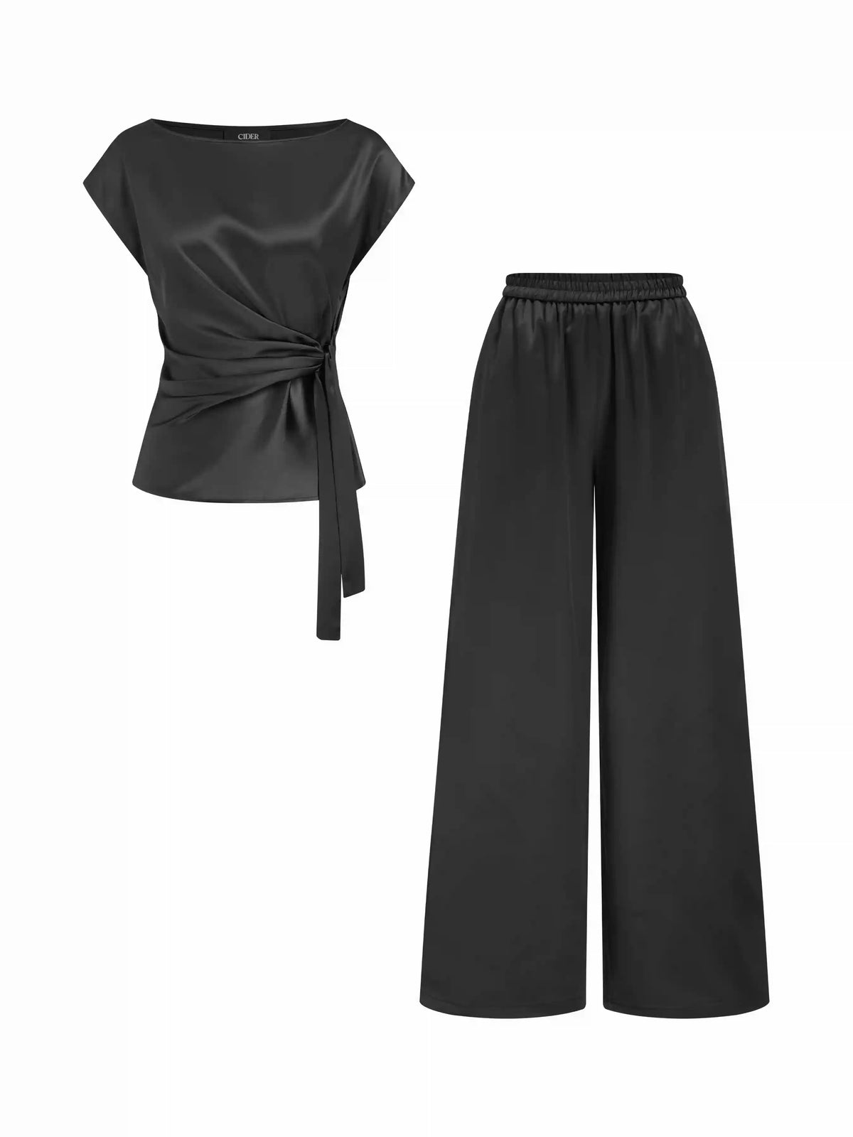Satin Boat Neck Draped Top & Mid Rise Elastic Waist Wide Leg Trousers Set