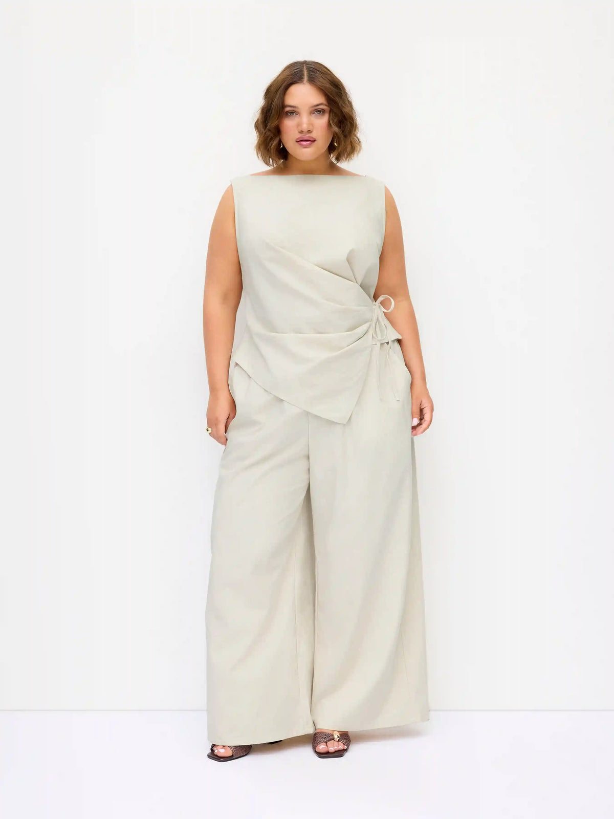 Linen-blend Boat Neck Wrap Tie Top & Mid Rise Wide Leg Trousers Set Curve & Plus