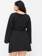 Cotton-blend Boat Neck Polka Dot Ruched Bell Sleeve Mini Dress Curve & Plus
