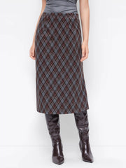 Mid Rise Plaid Half Zip Pencil Midi Skirt