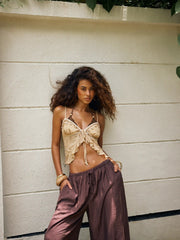 Lace V-neck Knotted Ruffle Hem Cami Top