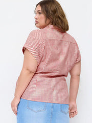 Linen-blend Stripe Asymmetrical Tie-front Blouse Curve & Plus