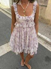 Chiffon Floral Square Neck Tiered Ruffle Hem Mini Dress