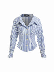 Cotton-blend Stripe Long Sleeve Pleated Blouse