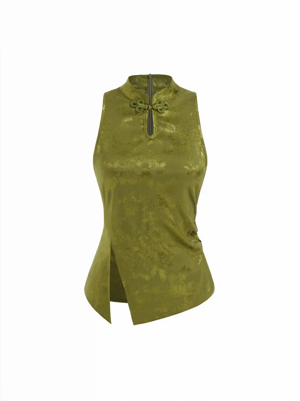 Mandarin Collar Floral Split Ruched Cut Out Tank Top