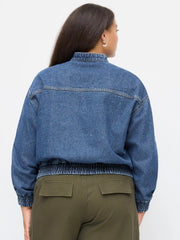 Denim Mandarin Collar Elastic Waist Oversized Jacket Curve & Plus