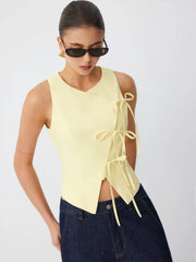 Linen-blend Sweetheart Asymmetrical Bowknot Blazer Vest