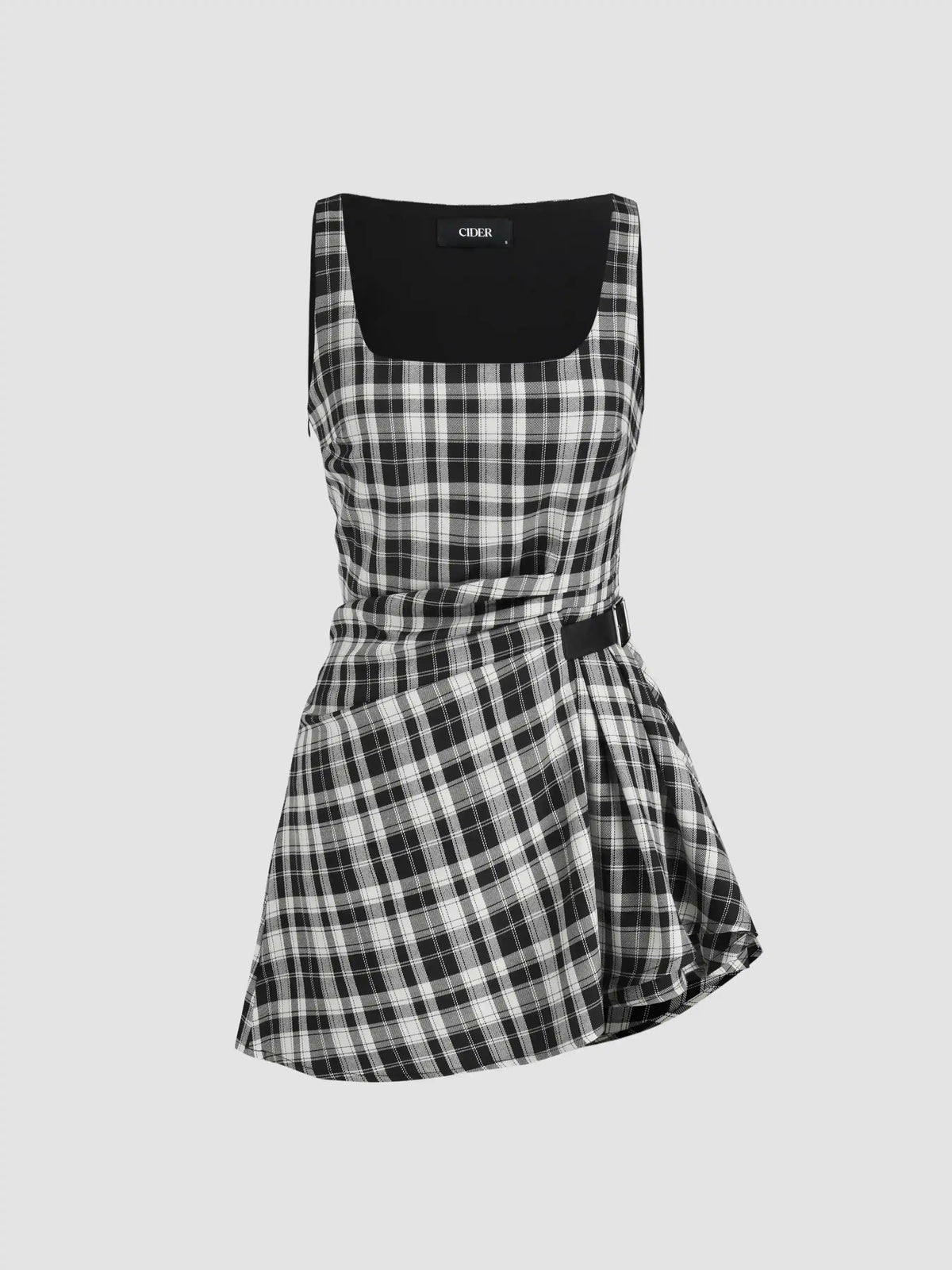 U-neckline Plaid Ruched Belted Mini Dress
