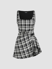 U-neckline Plaid Ruched Belted Mini Dress