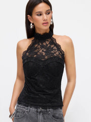 Lace Halter Neckline Tie Back Top