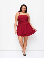 Square Neck Solid Ruched Knotted Layered Mini Dress Curve & Plus