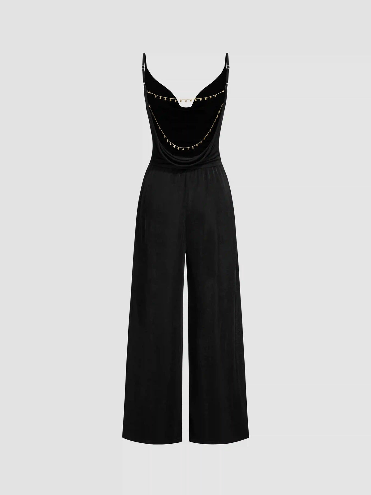 Cowl Neck Metal Chain Backlesss Ruched Wide Leg Jumpsuit