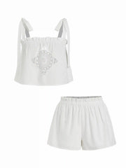 Linen-blend Floral Applique Tie Strap Cami Top & Mid Rise Shorts Set