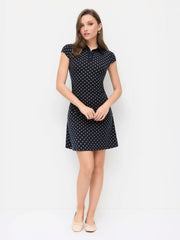 Collar Ruched Polka Dot A-line Mini Dress