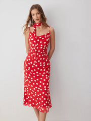 Chiffon Polka Dot Cowl Neck Midi Dress With Scarf