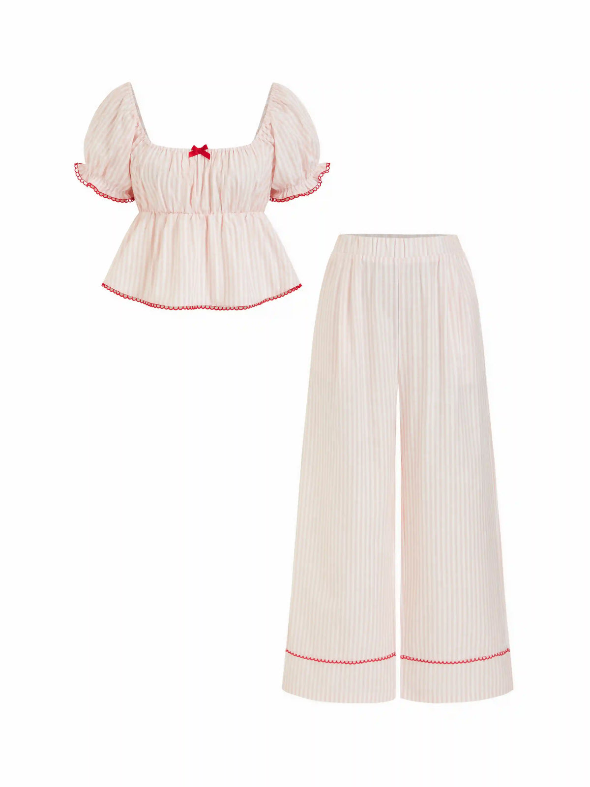 Cotton-blend Striped Puff Sleeve Bowknot Top & Mid Rise Wide Leg Loungewear Set