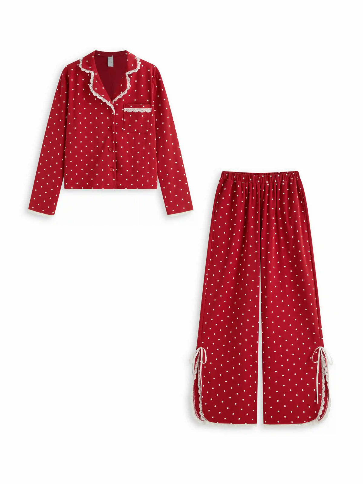 Cotton-blend Polka Dot Lace Trim Top & High Rise Bowknot Wide Leg Trousers Loungewear Set