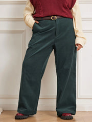 Corduroy Middle Waist Pocket Straight Leg Trousers With Belt Curve & Plus