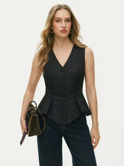 V-neck Ruffle Hem Peplum Blazer Vest