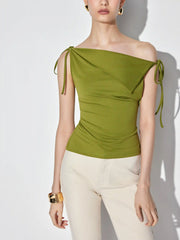 Asymmetrical Neck Draped Knotted Tank Top