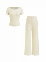 Round Neckline Ditsy Floral Lace Trim Top & Mid Rise Elastic Waist Wide Leg Trousers Loungewear Set