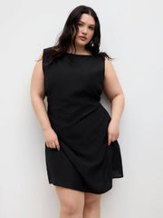 Linen-blend Boat Neck Ruched Knotted Backless Mini Dress Curve & Plus