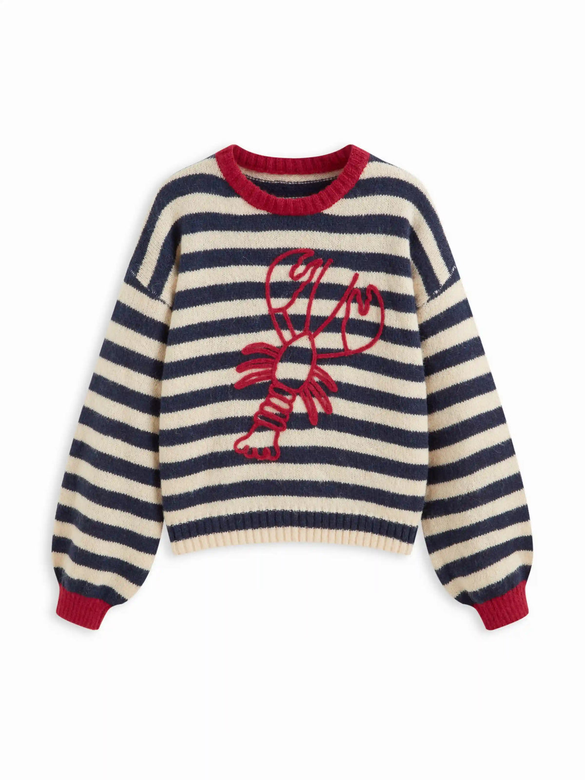 Knit Stripe Lobster Graphic Long Sleeve Contrasting Binding Oversized Sweater