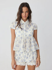 Cotton-blend Floral Peplum Short Sleeve Oversized Blouse