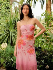 Floral Graphic Mesh Strapless Ruched Crop Top