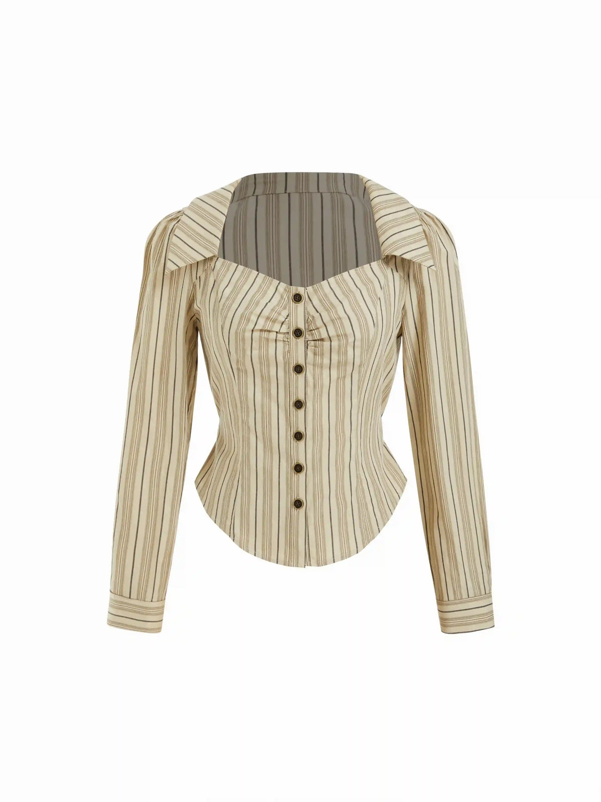 Cotton-blend Sweetheart Puff Sleeve Striped Buckle Blouse