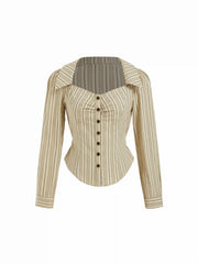 Cotton-blend Sweetheart Puff Sleeve Striped Buckle Blouse
