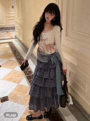 Cotton-blend Mid Rise Tartan Layered Ruffle Hem Maxi Skirt