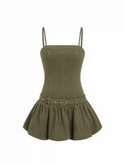 Denim Slim Fit High Rise Bubble Mini Dress With Belt
