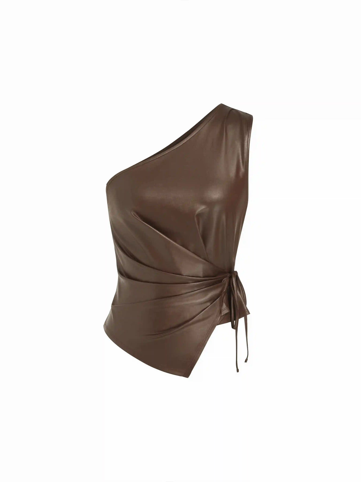 Faux Leather Asymmetrical Neck Ruched Drawstring Crop Top