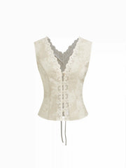 Jacquard V-Neck Floral Lace Tie Back Cami Top