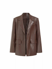 Faux Leather Notched Collar Oversized Blazer