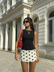 Colorblock Boat Neck Polka Dot A-line Mini Dress