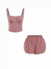 Cotton Square Neck Lace Panel Gingham Top & Mid Rise Bubble Hem Shorts Set