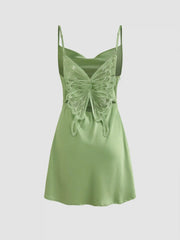 Satin Cowl Neck Ruched Butterfly Mini Dress
