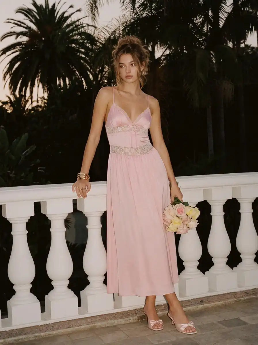 Satin V-neck Lace Panel Mid Rise Maxi Slip Dress