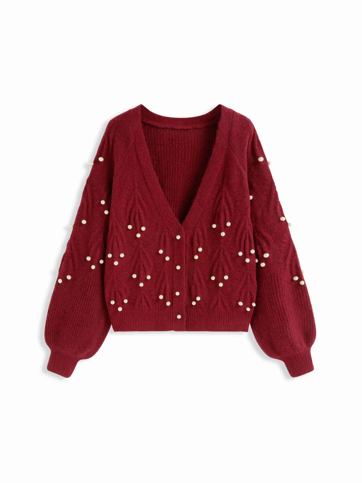 Knit V-neck Faux Pearl Lantern Sleeve Oversized Cardigan