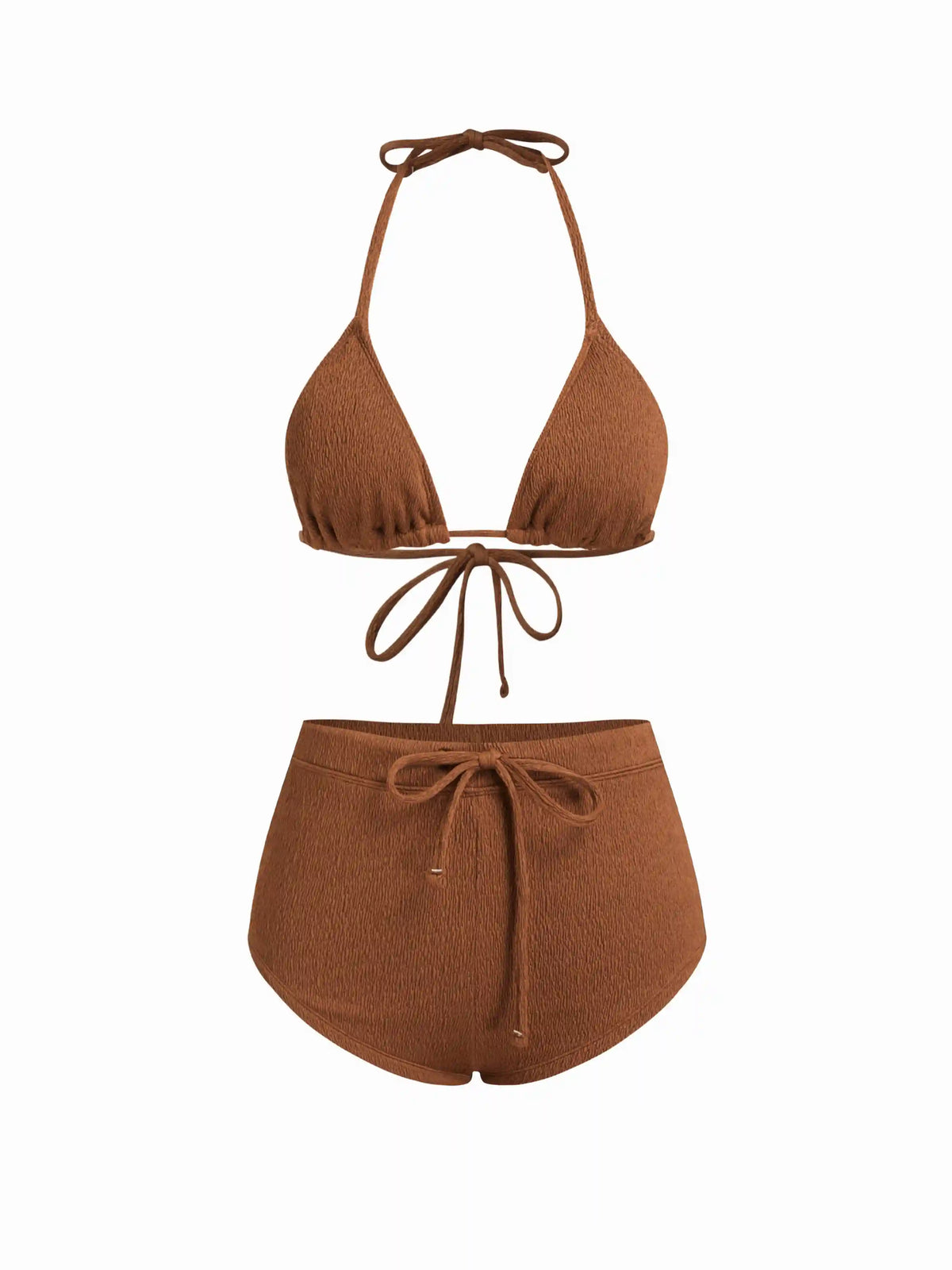 Halter Neckline Texture Drawstring Shorts Bikini Set