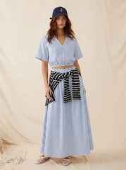 Cotton-blend V-Neck Short Sleeve Top & Mid Rise Flared Maxi Skirt Set