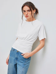 Cotton-blend Round Neck Solid Ruched Short Sleeve Tee